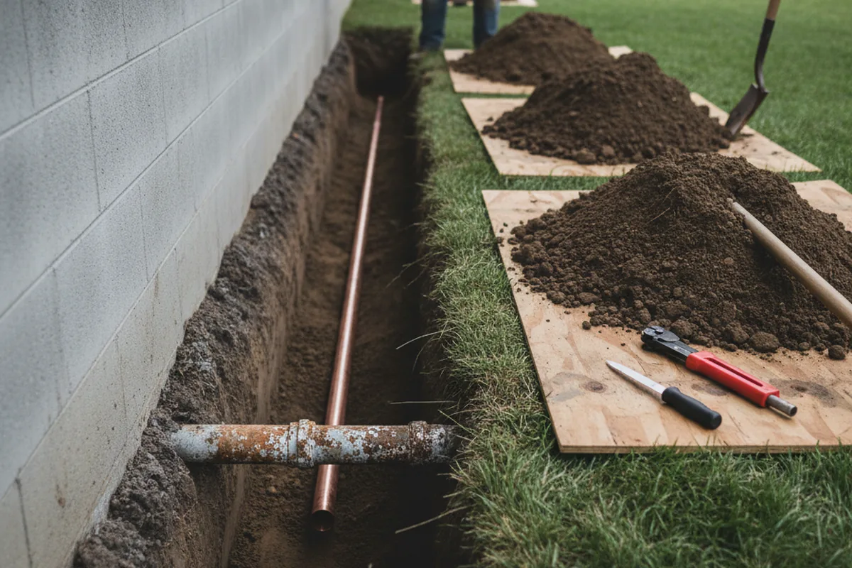 Excavated water line trench during Sewer Line Repair in Middleboro